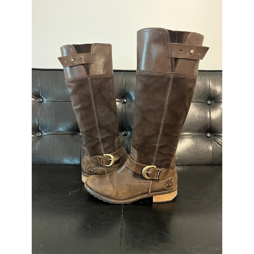 Timberland Brown Leather Suede Tall Riding‎ Boots Buckle Detail